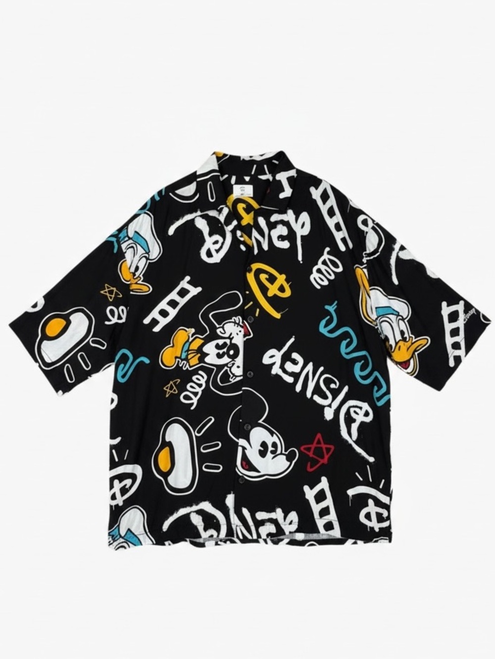 H&M Disney 100 Mickey Mouse All Over Print Button Up Shirt XXL Black Y2K Donald